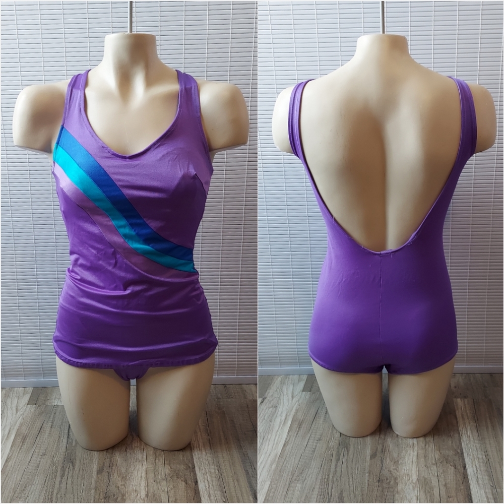 Purple Teal Vintage 80s 90s One Piece Swimsuit w/Modesty Panel Large